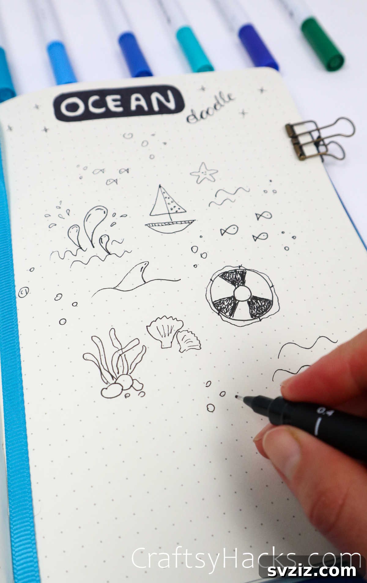 Make Waves: 25 Ocean Doodles for Your Bullet Journal 16 Various small ocean-themed doodle drawings including anchors, buoys, and simple fish