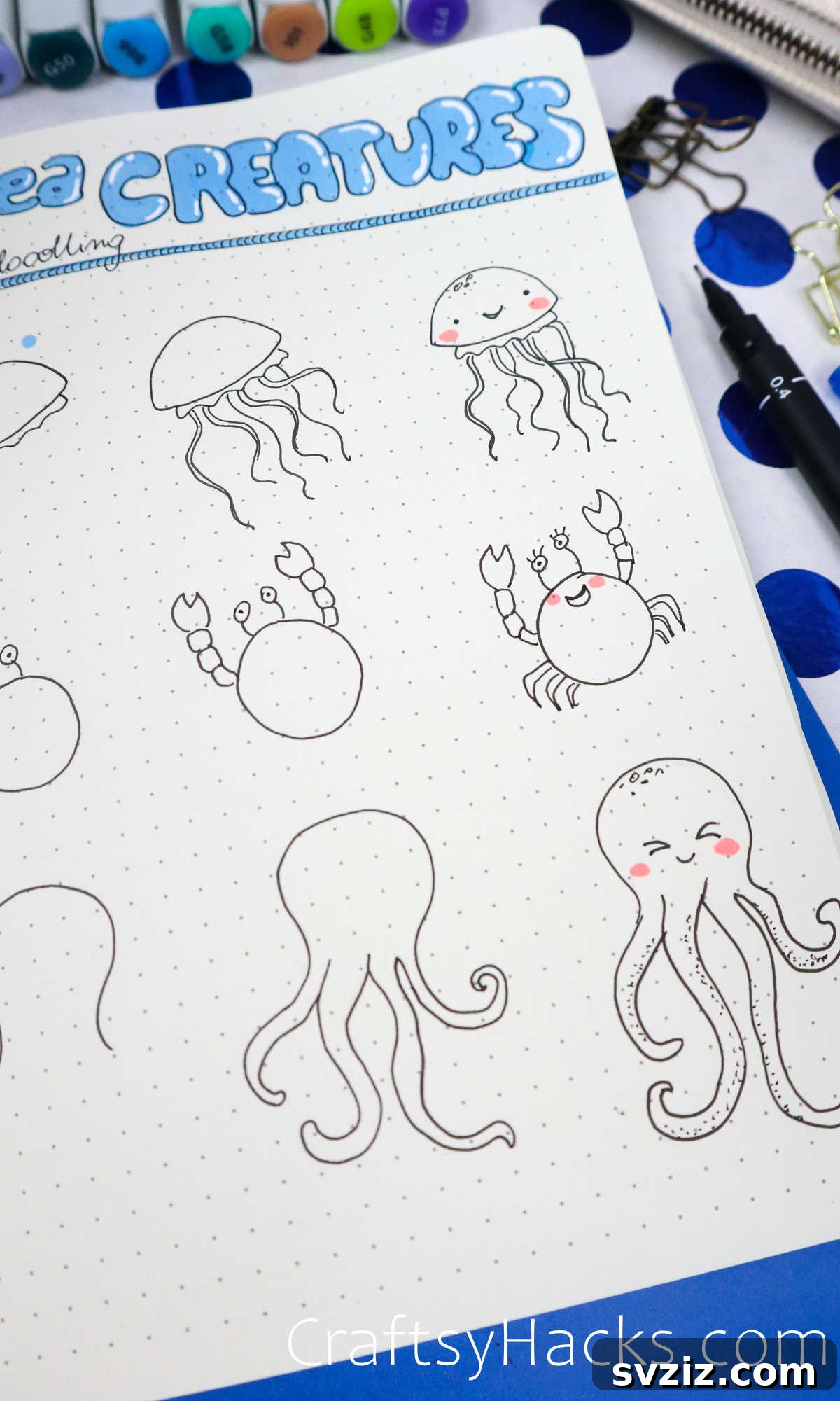 Make Waves: 25 Ocean Doodles for Your Bullet Journal 18 Various sea creatures drawing tutorials for bullet journals