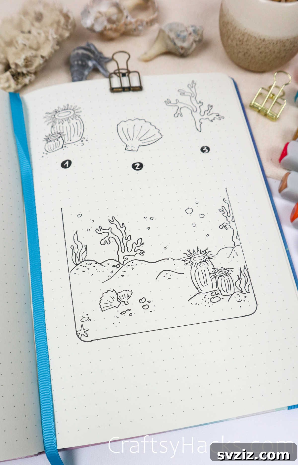 Make Waves: 25 Ocean Doodles for Your Bullet Journal 20 Underwater doodle scene drawings with various marine elements