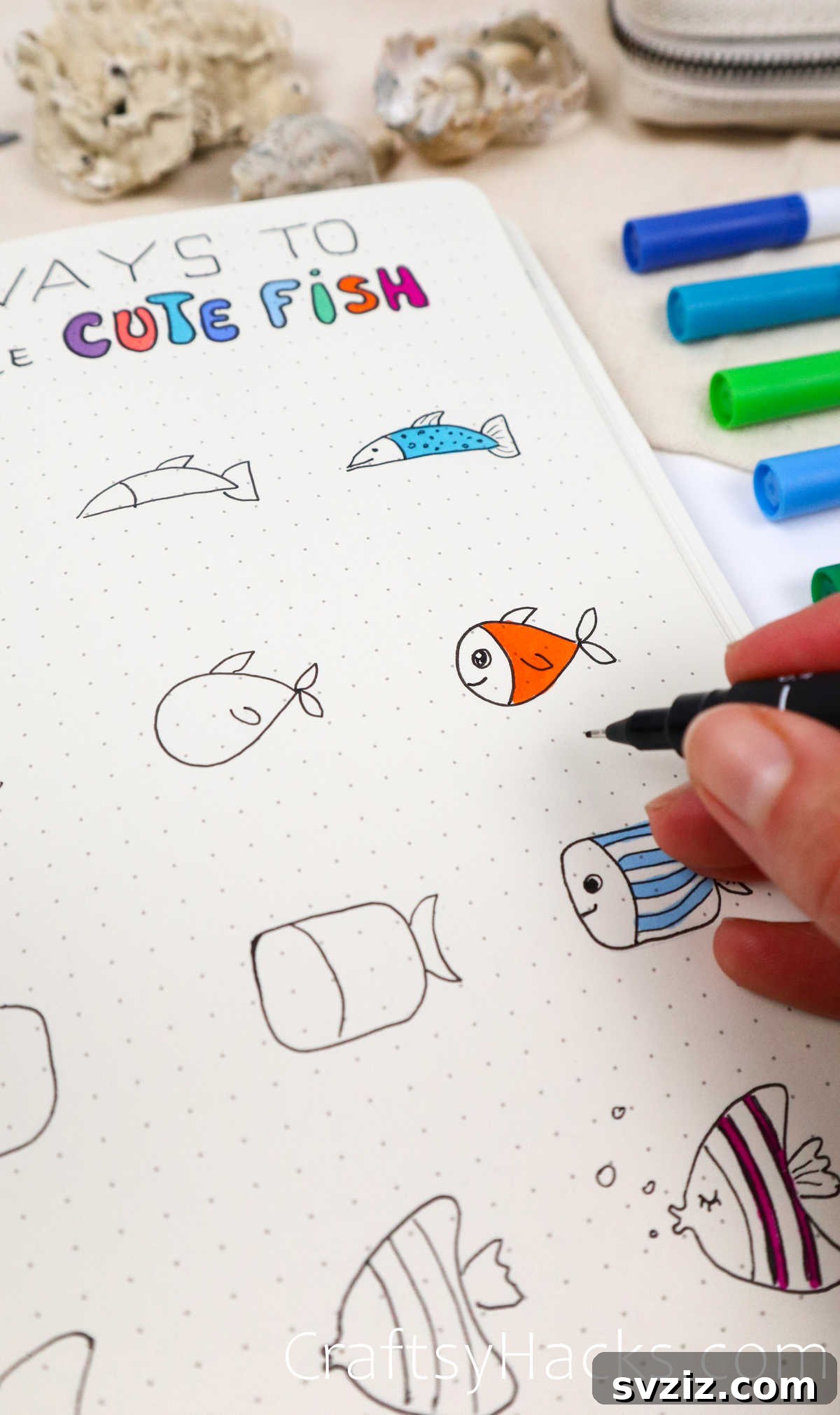 Make Waves: 25 Ocean Doodles for Your Bullet Journal 23 Four different cute fish doodle drawings for bullet journals