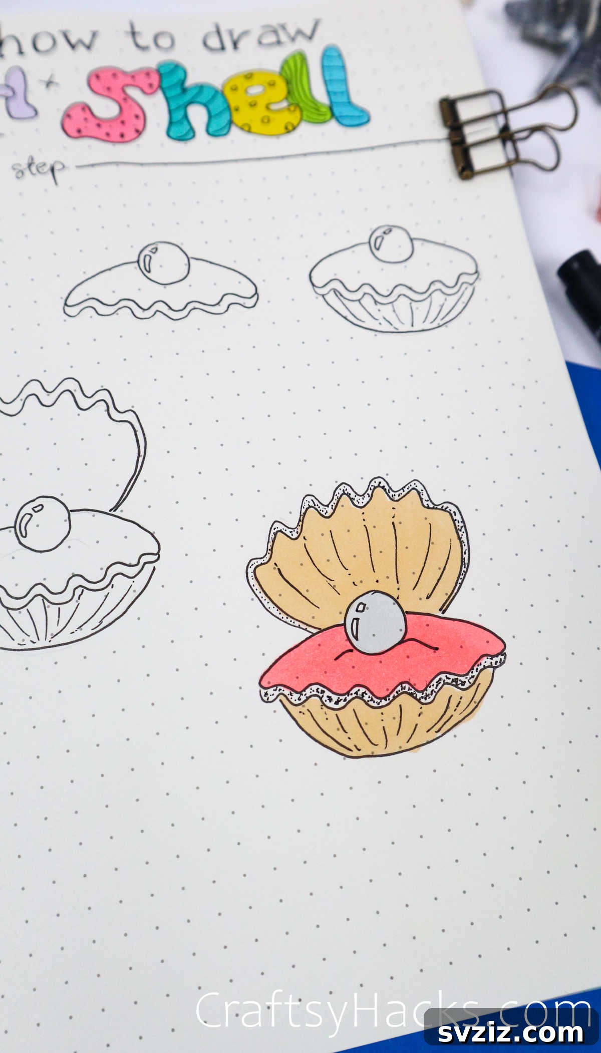 Make Waves: 25 Ocean Doodles for Your Bullet Journal 25 Shell drawing tutorial for a classic clamshell with a pearl