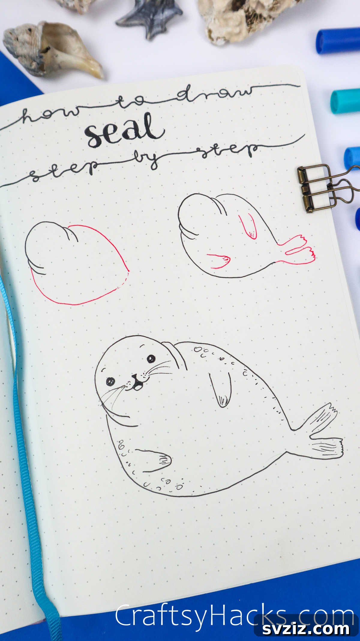 Make Waves: 25 Ocean Doodles for Your Bullet Journal 26 Step by step tutorial for drawing a cute seal doodle