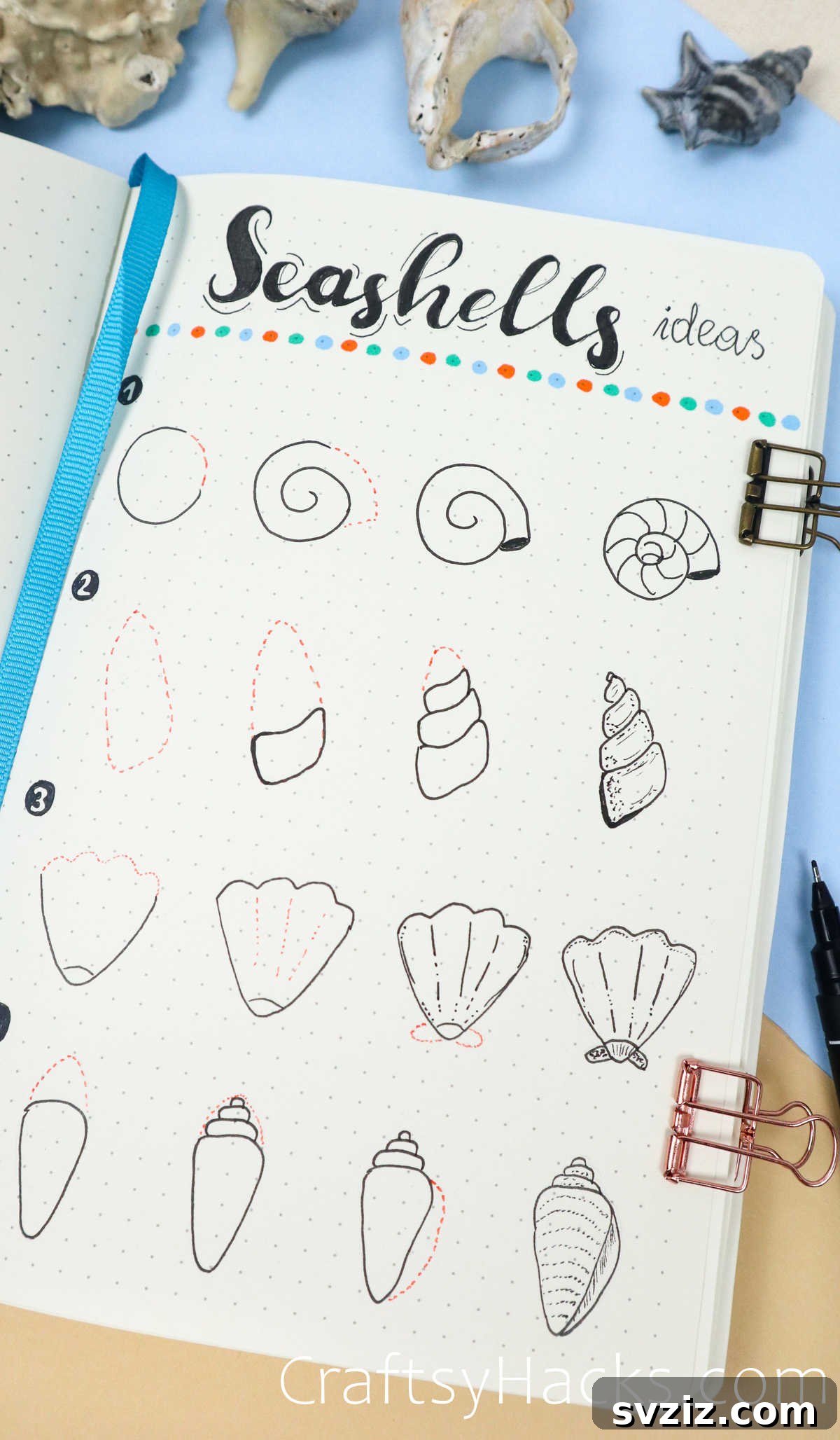 Make Waves: 25 Ocean Doodles for Your Bullet Journal 27 Tutorial for drawing four different types of seashells