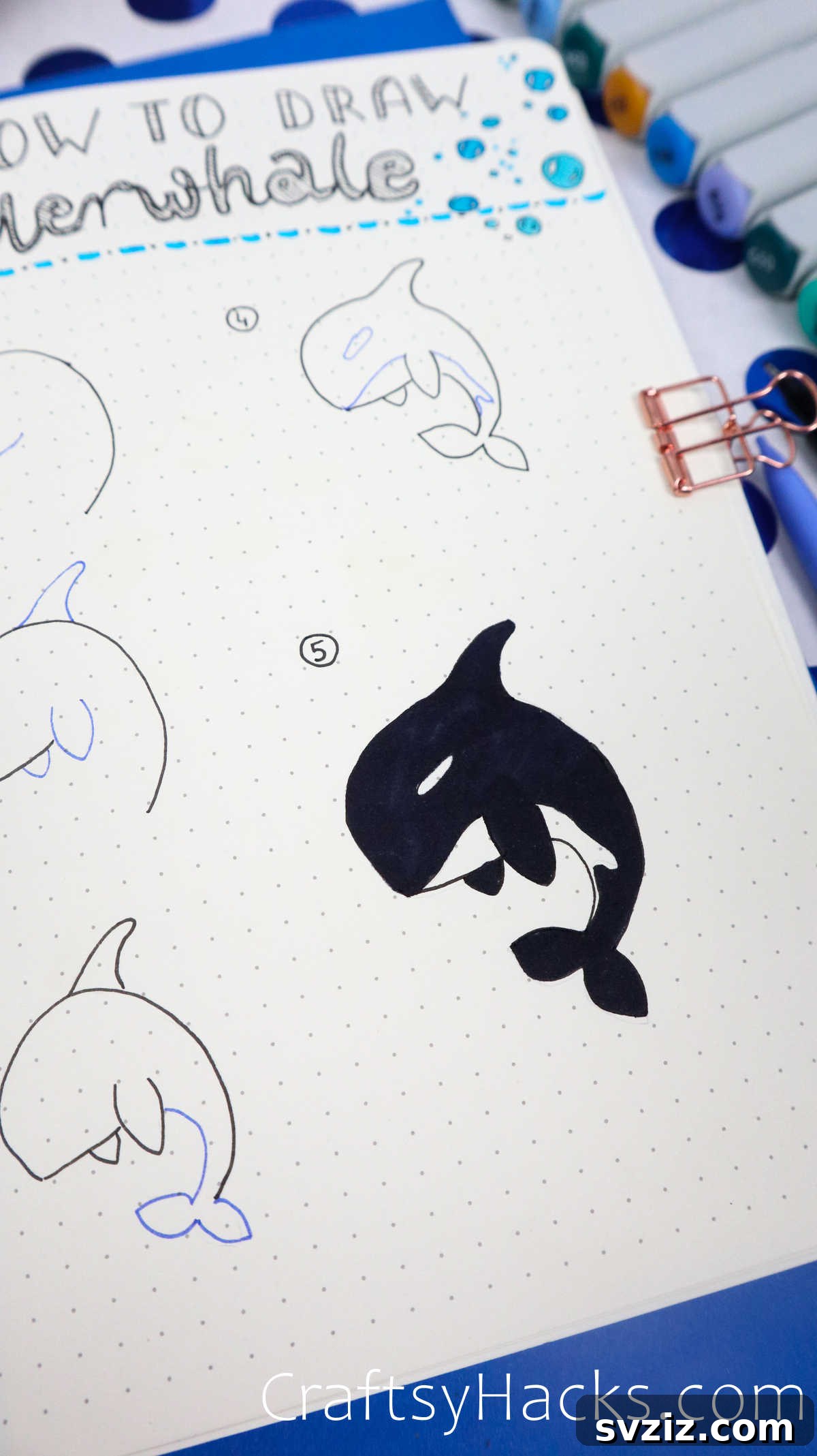 Make Waves: 25 Ocean Doodles for Your Bullet Journal 4 Step by step tutorial for drawing a killer whale doodle