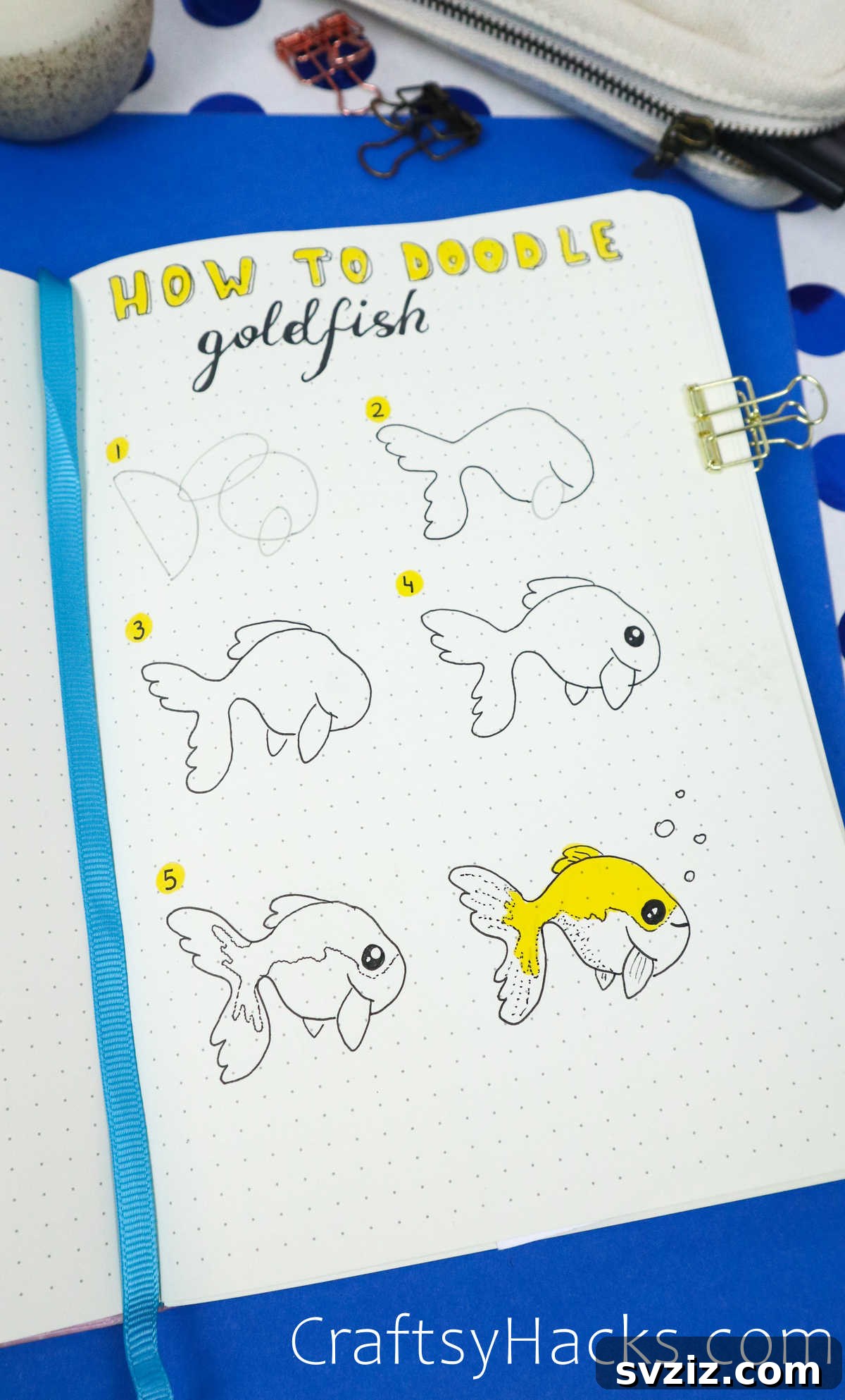Make Waves: 25 Ocean Doodles for Your Bullet Journal 5 Step by step tutorial for drawing a goldfish doodle