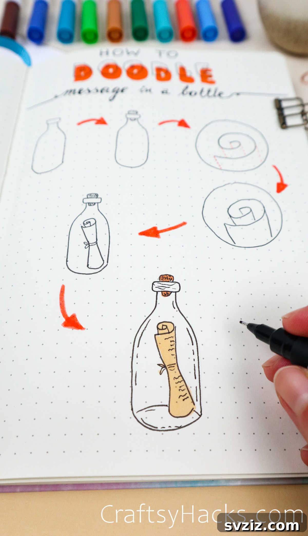 Make Waves: 25 Ocean Doodles for Your Bullet Journal 6 Step by step tutorial for drawing a message in a bottle doodle
