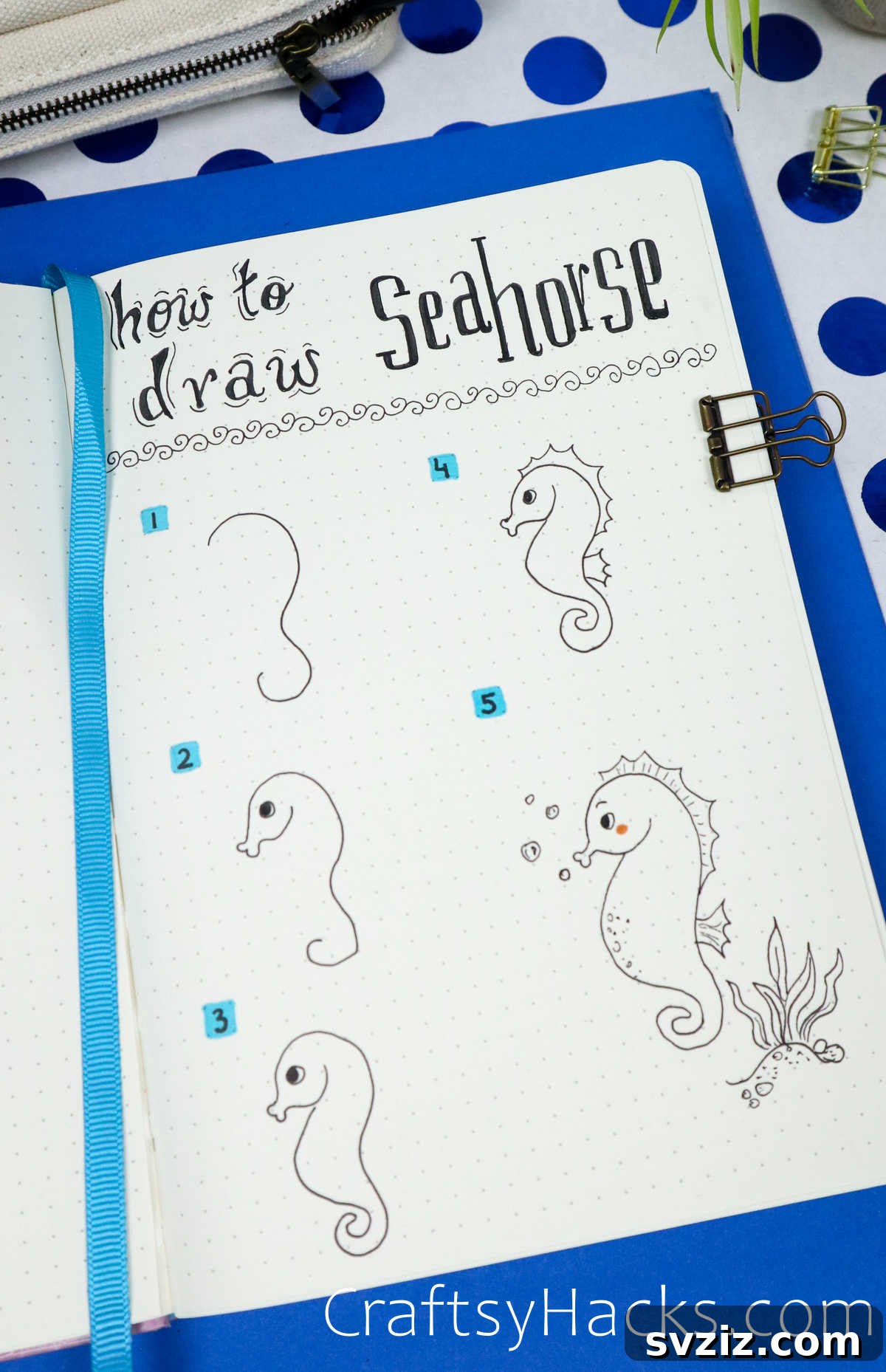 Make Waves: 25 Ocean Doodles for Your Bullet Journal 7 Step by step tutorial for drawing a seahorse doodle
