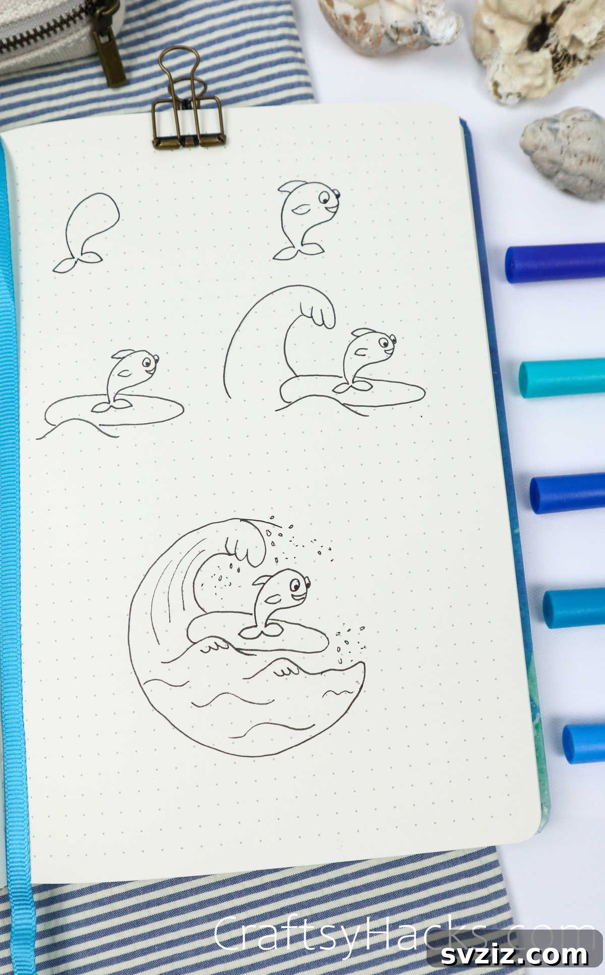 Make Waves: 25 Ocean Doodles for Your Bullet Journal 8 Step by step tutorial for drawing a surfing fish doodle