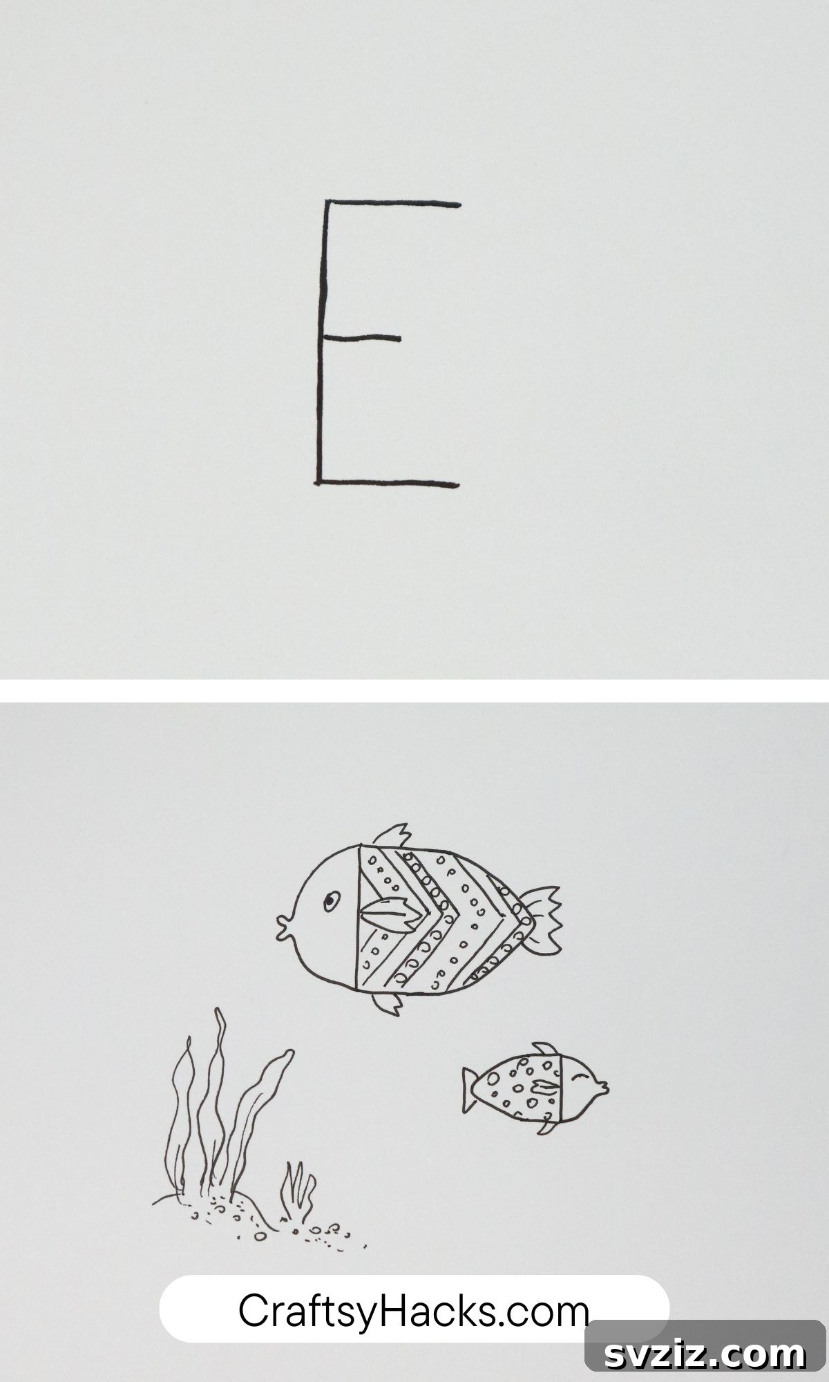 letter E into 2 fish