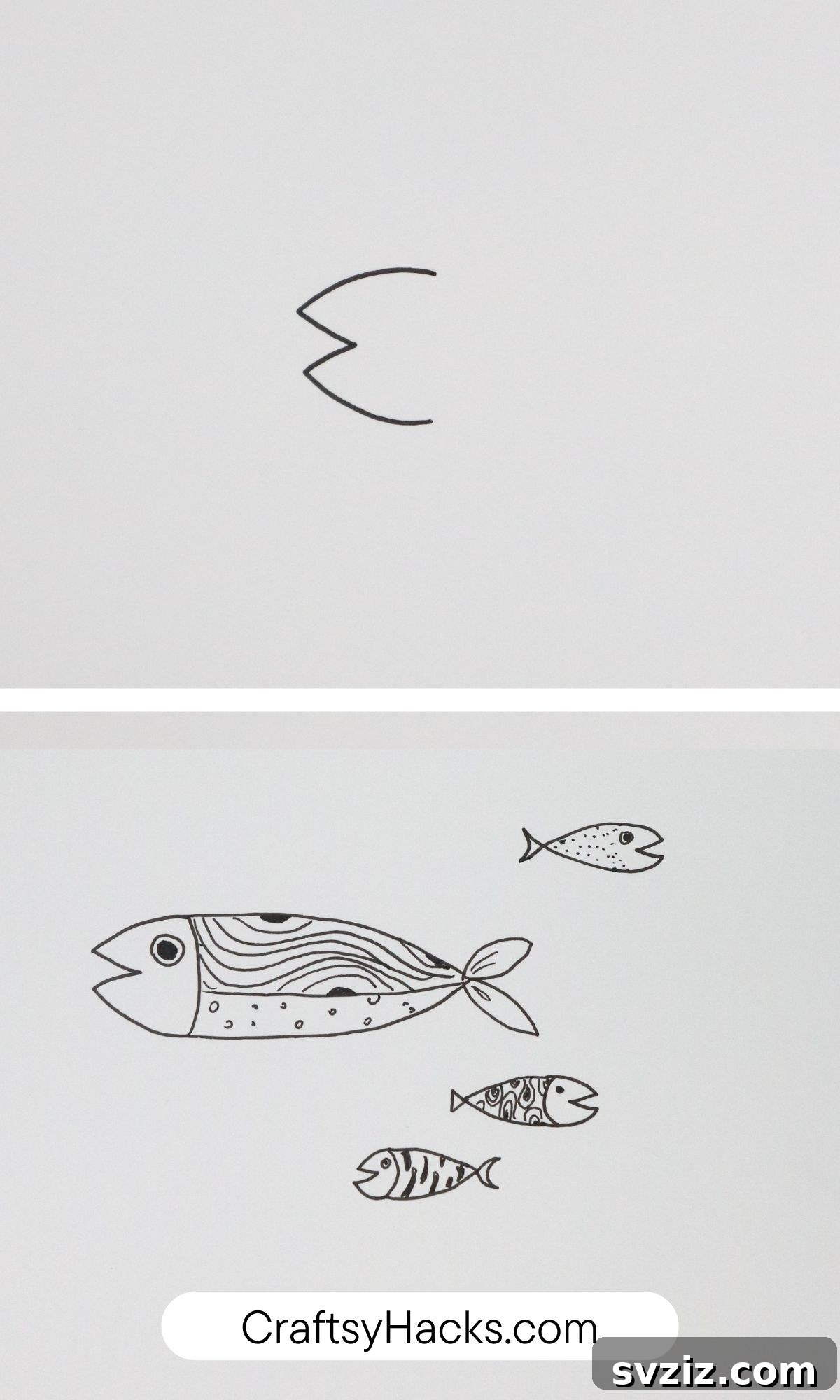 sideways W into fish drawing