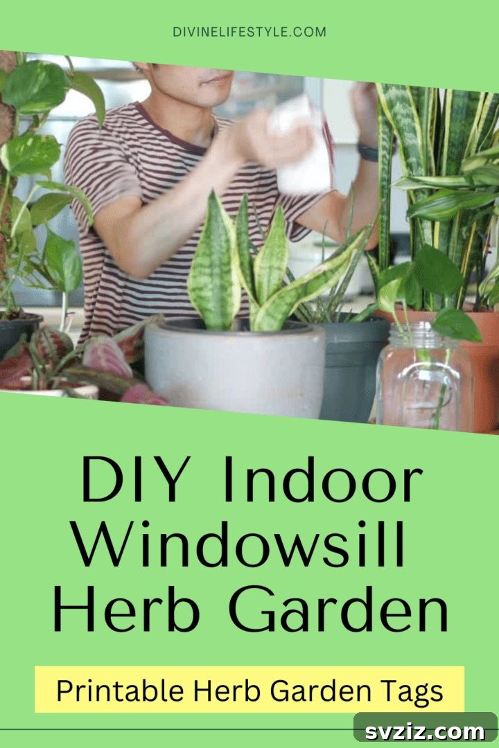 A vibrant indoor windowsill herb garden, featuring various fresh herbs in small pots, basking in natural light.