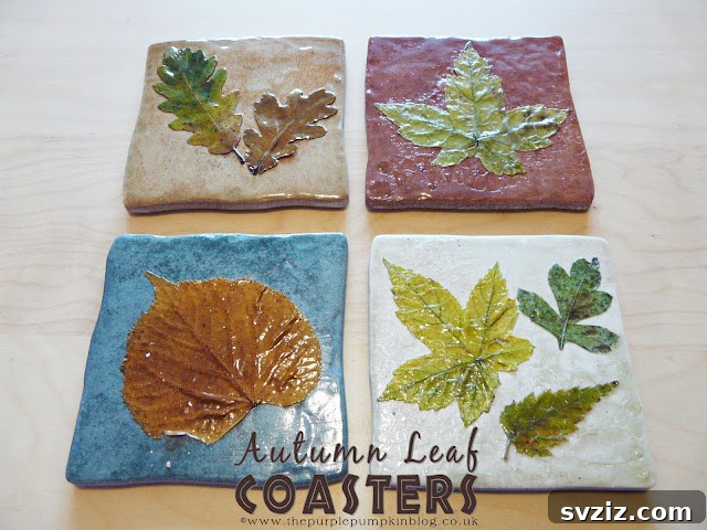 A charming set of DIY fall leaf coasters made from natural autumn leaves encapsulated in resin, offering a unique and functional decor piece.