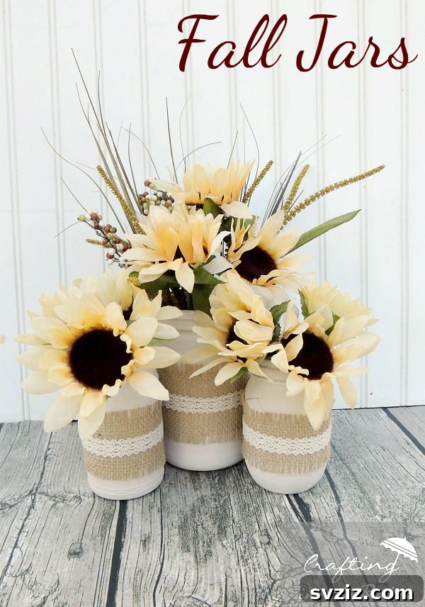 A charming DIY harvest display featuring glass jars decorated with burlap and twine, filled with dollar store fall flowers and natural elements.