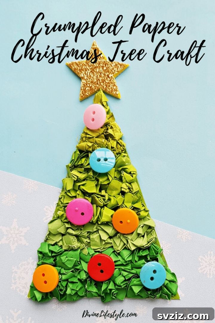 A festive crumpled paper Christmas tree craft, showcasing colorful tissue paper pieces meticulously applied to form a whimsical tree shape.