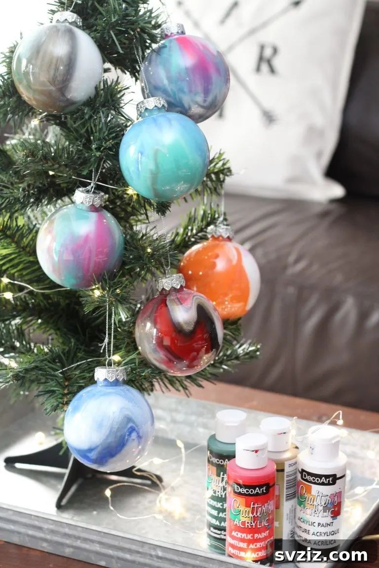 Instant Holiday Cheer: 31 Crafts in Under 15 Minutes 17 Vibrant kid-friendly marbled paint ornaments