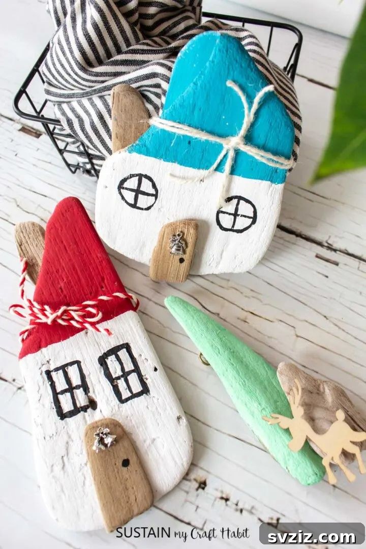 Instant Holiday Cheer: 31 Crafts in Under 15 Minutes 33 Charming painted driftwood Christmas village craft