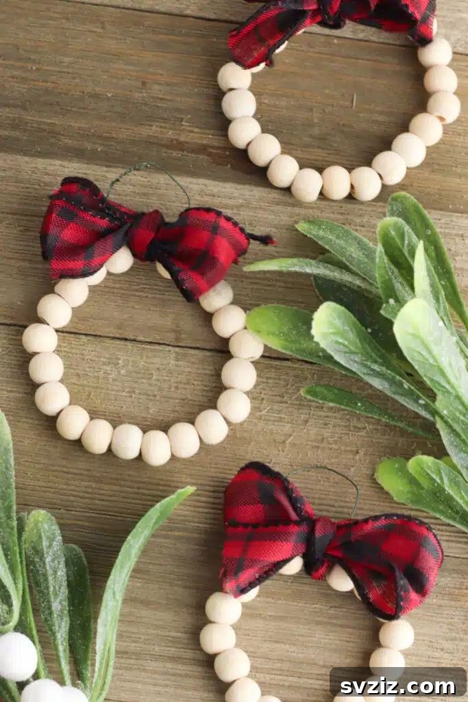 Elegant wooden bead Christmas wreath ornaments.
