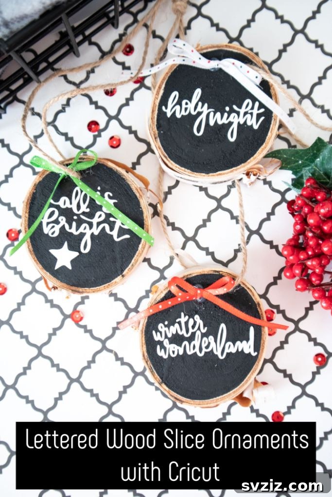 Rustic lettered wood slice ornaments with personalized messages.