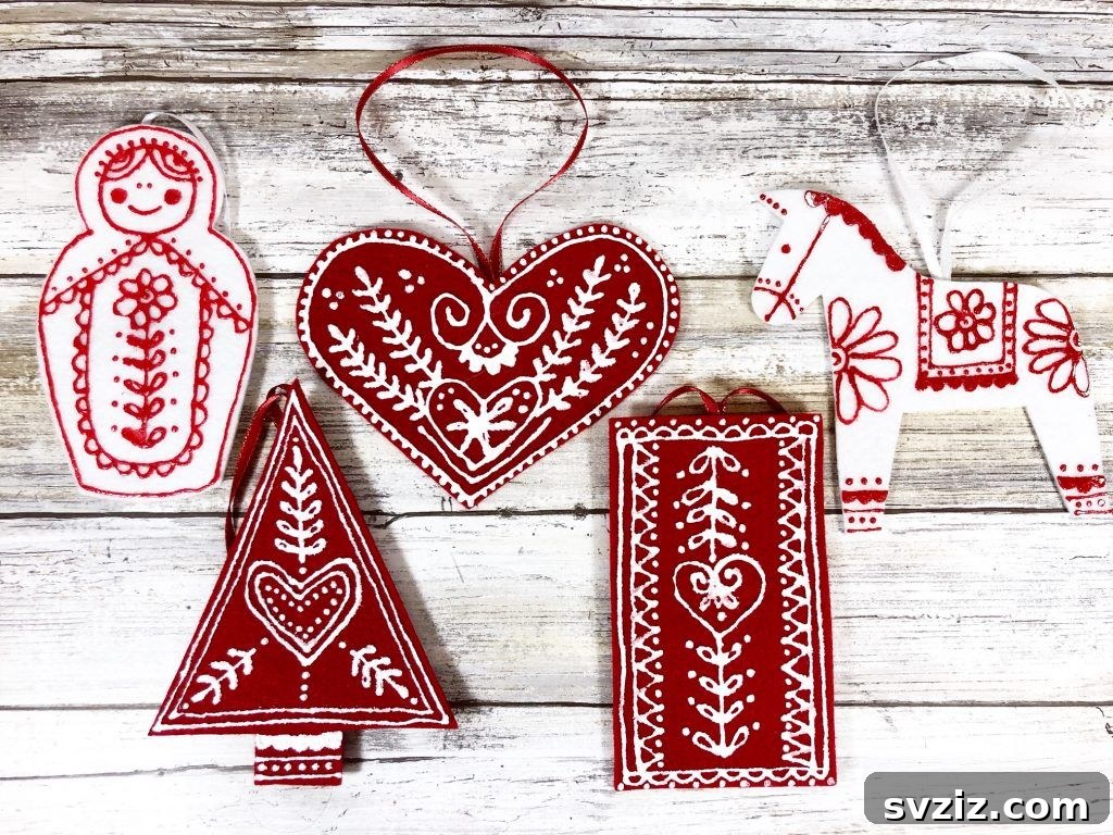 Simple felt Scandinavian ornaments in a cozy, minimalist style.
