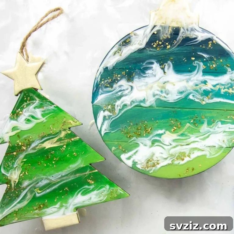 Glossy poured resin Christmas ornaments with unique patterns.