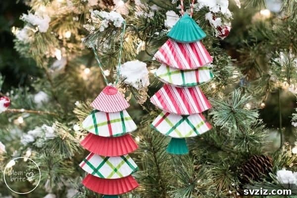Whimsical cupcake liner Christmas tree ornaments for kids.
