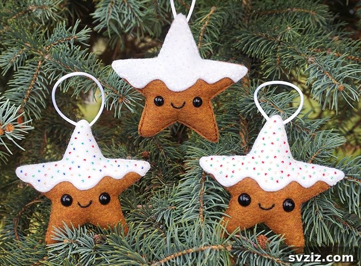 Sweet felt gingerbread star cookie ornaments with festive details.
