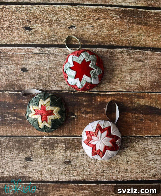 Intricate quilted Christmas ornaments in festive patterns.