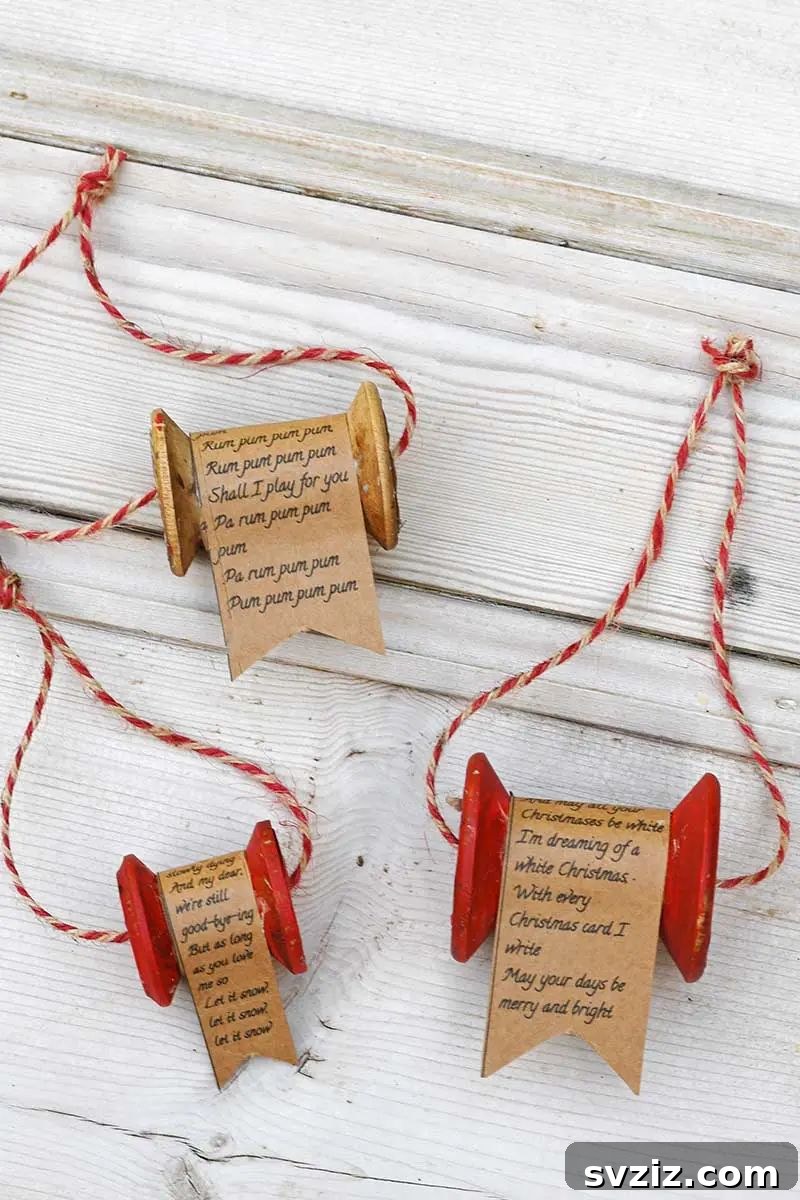 Vintage-inspired wooden thread spool ornaments.