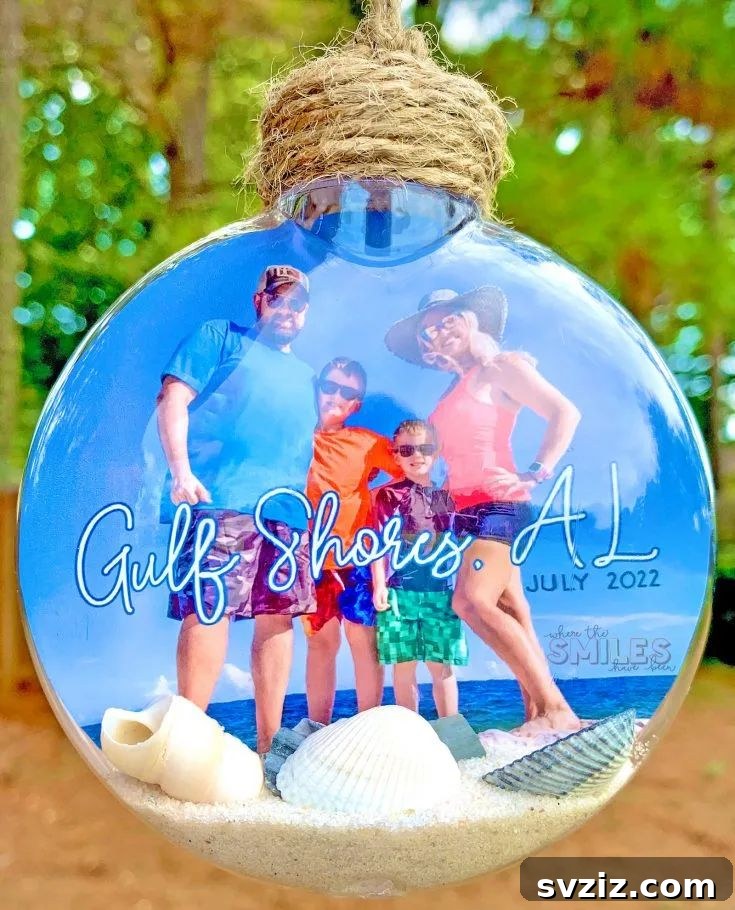 Relaxing beach-themed ornaments with seashells and sand.