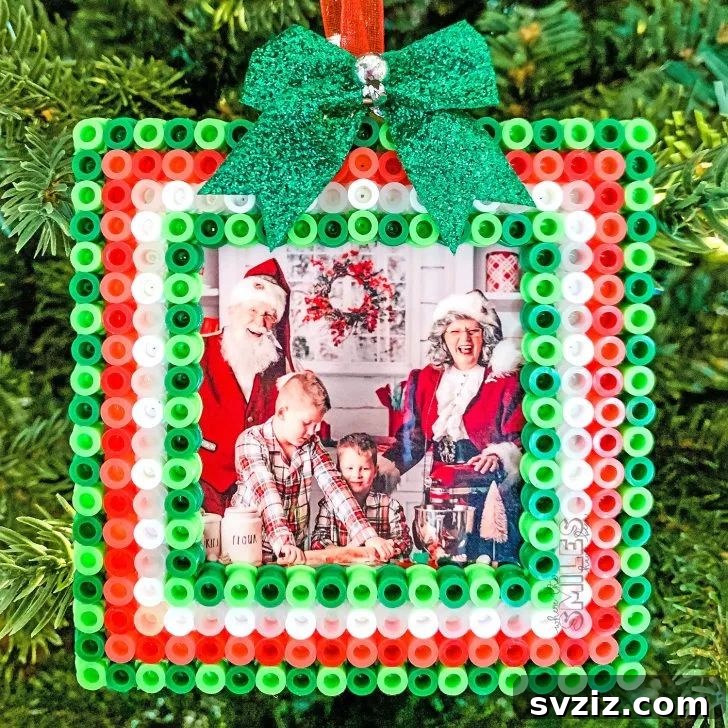Colorful Perler bead Christmas frame ornaments for photos.
