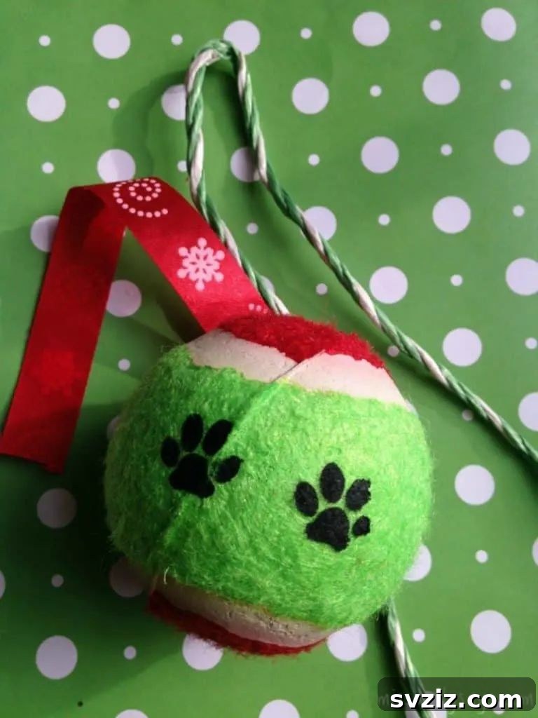 Playful dog ornaments made from dollar store tennis balls.