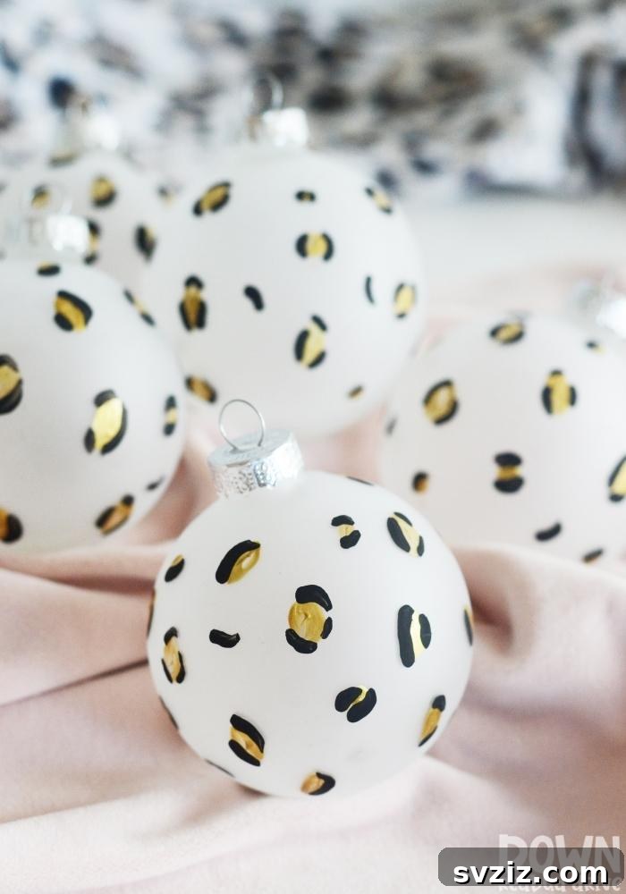 Bold DIY leopard print Christmas ornaments for a trendy look.