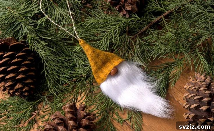 Adorable DIY gnome ornaments with long beards and pointy hats.