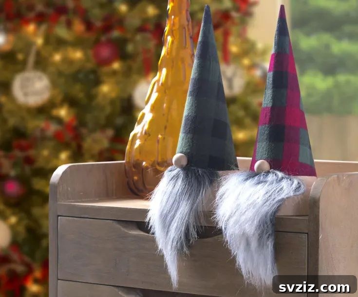 31 Festive DIYs to Deck Your Living Room This Christmas 3 Adorable handmade Christmas gnomes adding whimsical charm to festive living room decor.