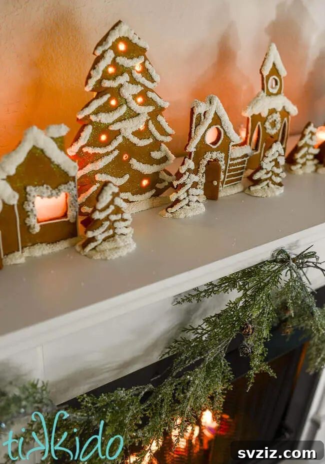 31 Festive DIYs to Deck Your Living Room This Christmas 23 Whimsical gingerbread town candle holder, created with free printable templates for festive decor.