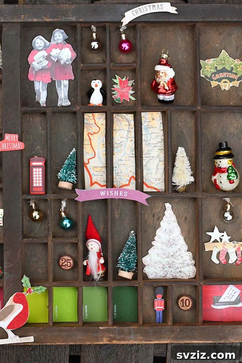 31 Festive DIYs to Deck Your Living Room This Christmas 27 Creative Christmas vintage printer's tray upcycle, displaying miniature festive scenes.