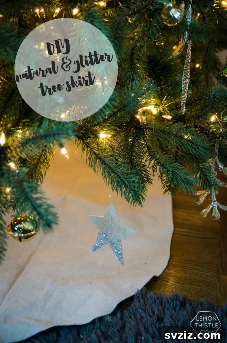 31 Cozy Farmhouse Christmas Inspirations 13 natural glittered tree skirt
