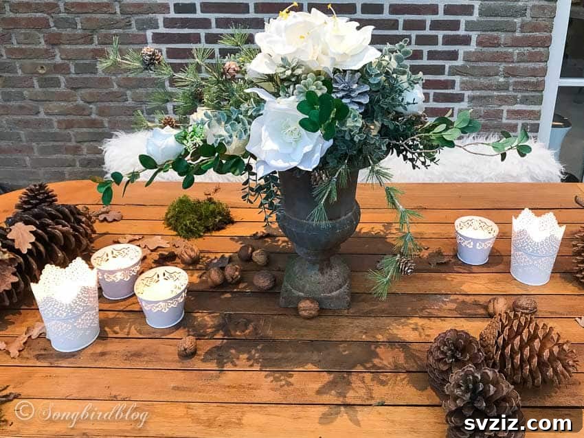 Winter faux floral table arrangement for elegant seasonal decor