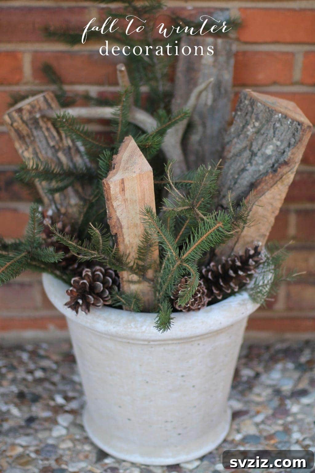 Outdoor fall to winter decorations, transitioning seasonal displays