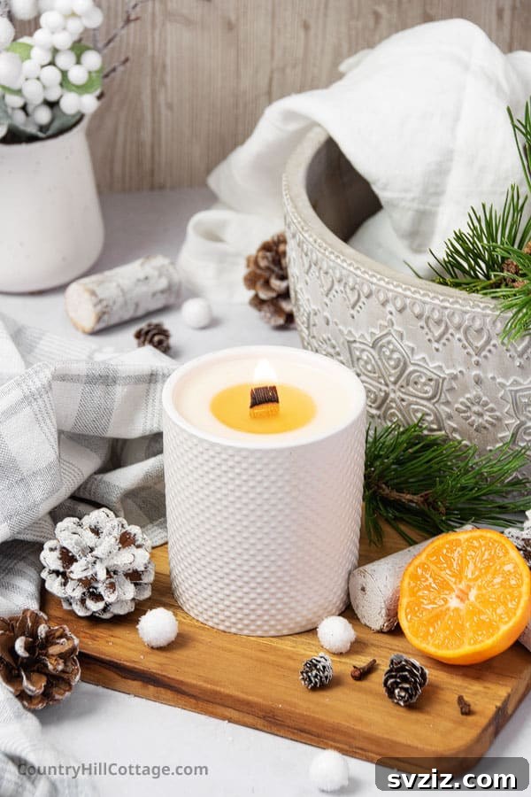 Handmade winter wooden wick scented candle for a cozy, crackling ambiance