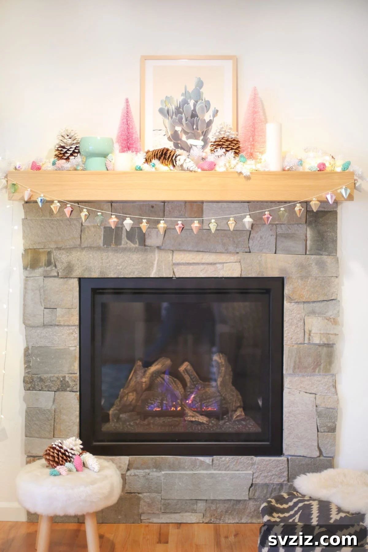 Elegant ornament garland for a festive winter mantel decoration