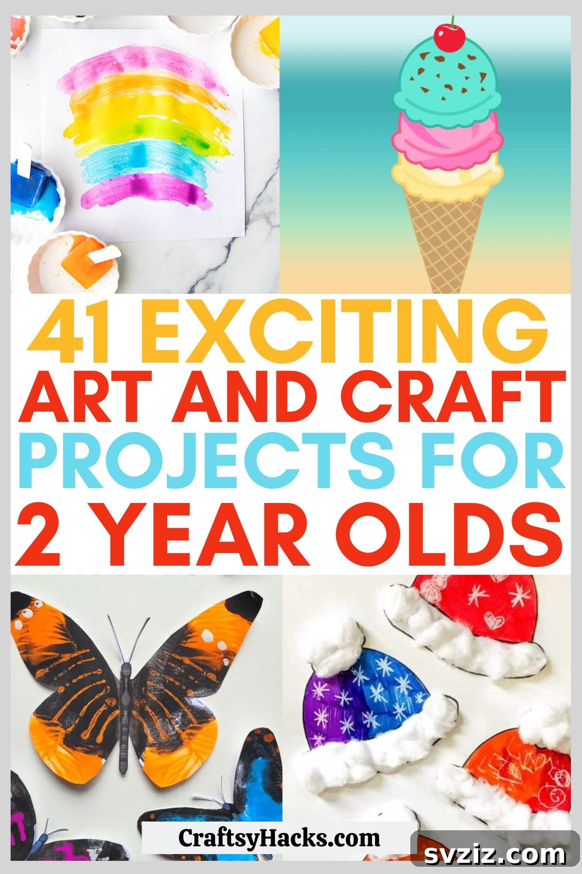 A collection of vibrant and easy art and craft projects for 2-year-olds, featuring colorful paper, paint, and various textures to inspire creativity and learning in toddlers.