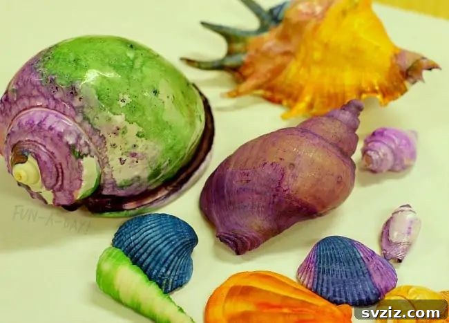 Easy and colorful shell painting activity for kids, using acrylic paints on collected seashells for creative ocean-themed art.