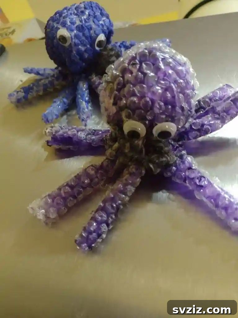 Playful bubble wrap octopus craft with painted bubble wrap tentacles and a paper plate head, perfect for sensory play.