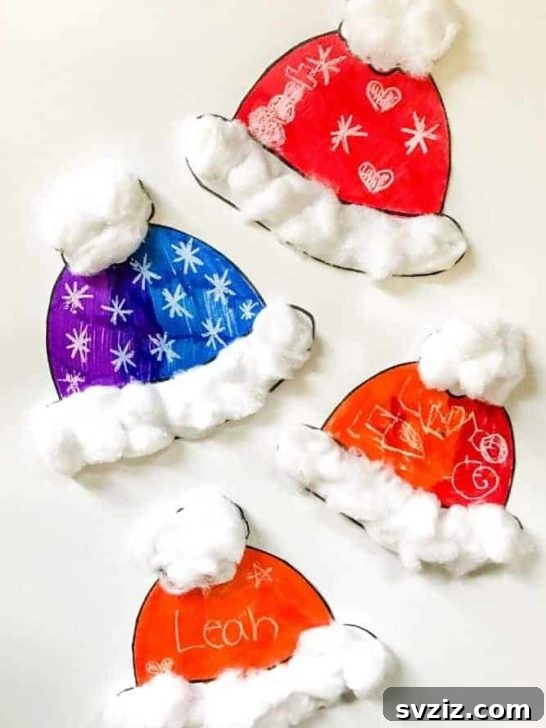Cozy winter hat craft for kids, decorated with cotton balls and colorful embellishments, perfect for cold weather themes.