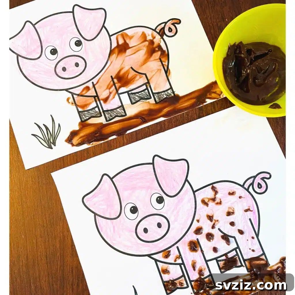 Messy and fun muddy pig craft for kids, using brown paint and a pig outline to create a realistic textured look.