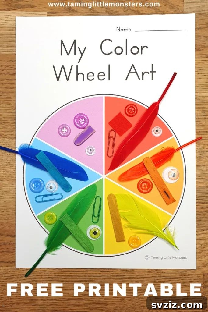 Educational easy color wheel art for kids with free printable, helping them learn primary, secondary, warm, and cool colors.