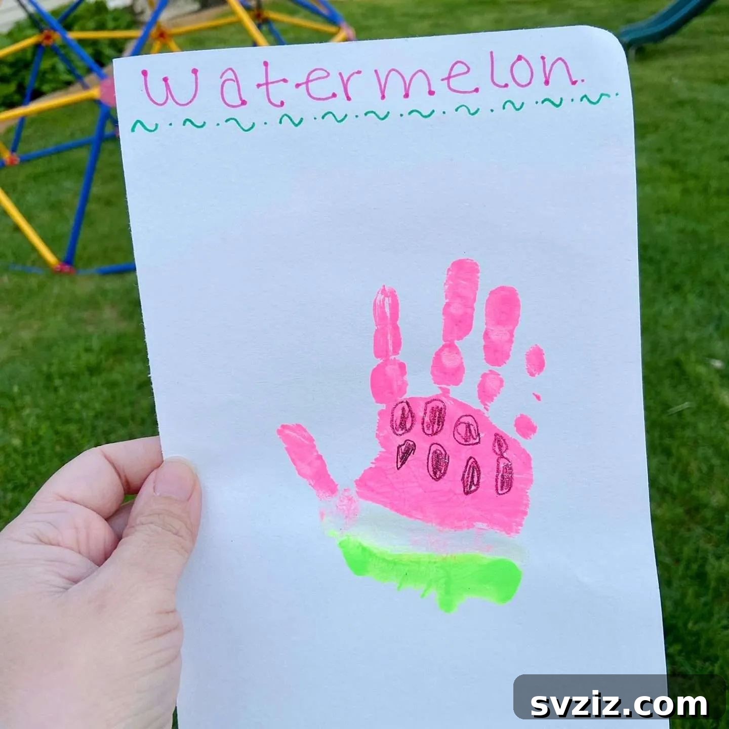 Sweet summer watermelon handprint craft for kids, using red and green paint for handprints and black seeds, celebrating summer fun.