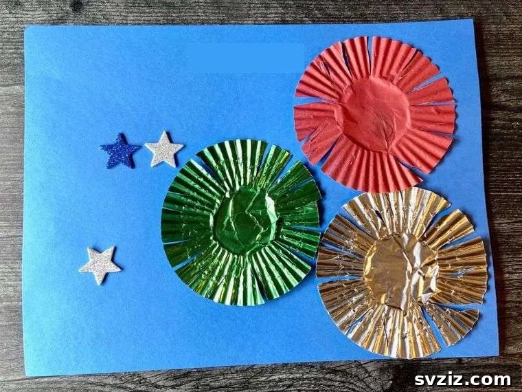 Creative fireworks art for kids using everyday items like toilet paper rolls and sponges for stamping colorful patterns.
