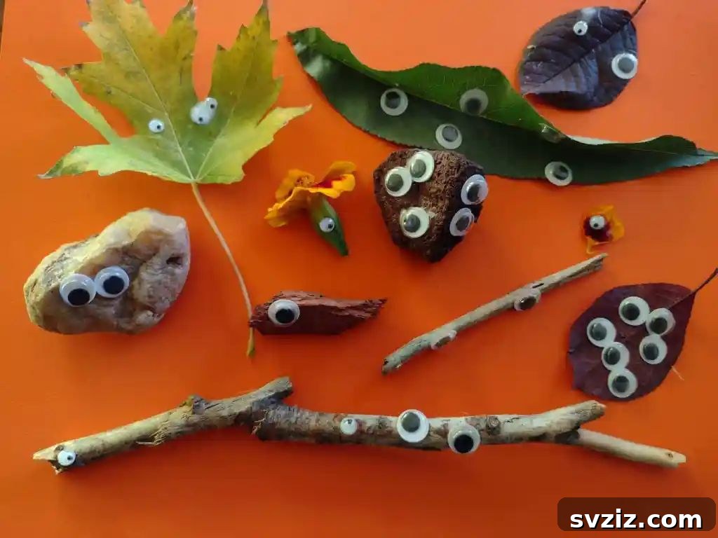 Whimsical nature monsters craft for kids, using collected leaves, twigs, and googly eyes to create imaginative creatures.